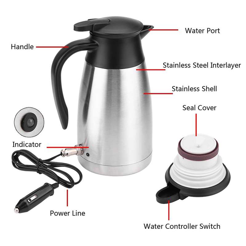 1000Ml 12V/24V Car Heating Kettle Stainless Steel Electric Heating Cup Kettle Water Heater Kettle fo