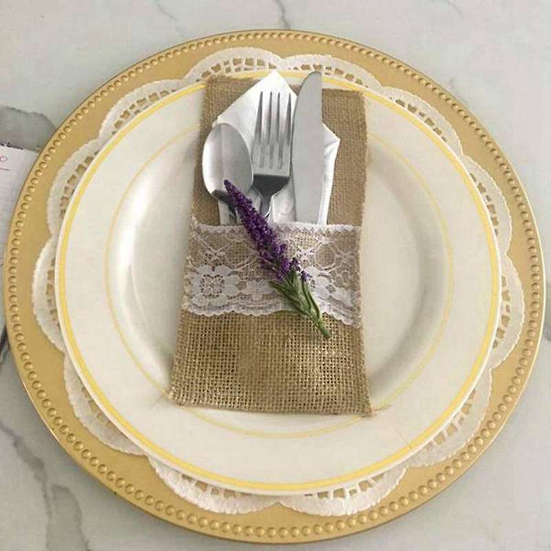 100Pc Burlap Lace Cutlery Pouch Rustic Wedding Tableware Knife Fork Holder Bag Hessian Table Decora