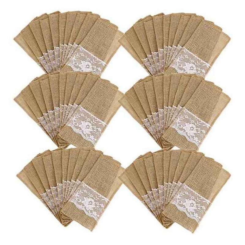 100Pc Burlap Lace Cutlery Pouch Rustic Wedding Tableware Knife Fork Holder Bag Hessian Table Decora