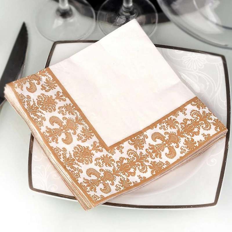 100Pcs Gold Printing Disposable Tissue Paper Printed Napkins for Restaurant and Hotel (Golden + Whi