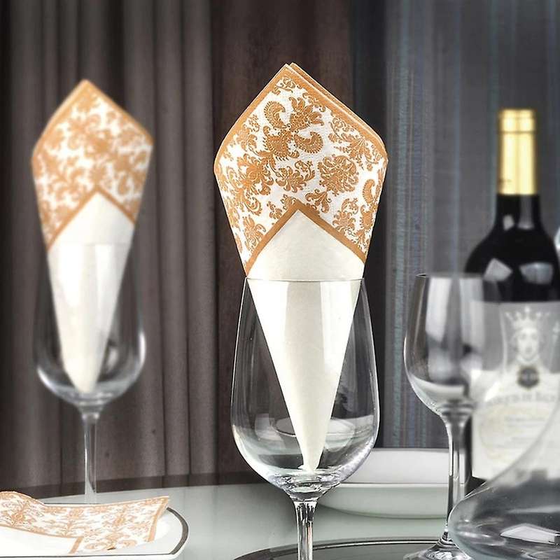 100Pcs Gold Printing Disposable Tissue Paper Printed Napkins for Restaurant and Hotel (Golden + Whi