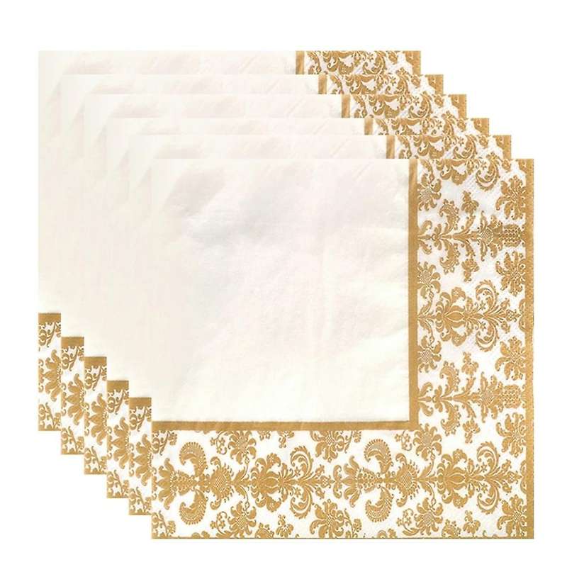 100Pcs Gold Printing Disposable Tissue Paper Printed Napkins for Restaurant and Hotel (Golden + Whi