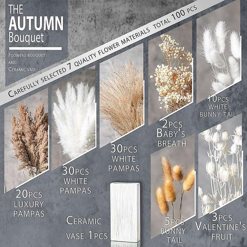 100PCS Natural Dried Pampas Grass Bouquet Dried Flower Compatible Wedding