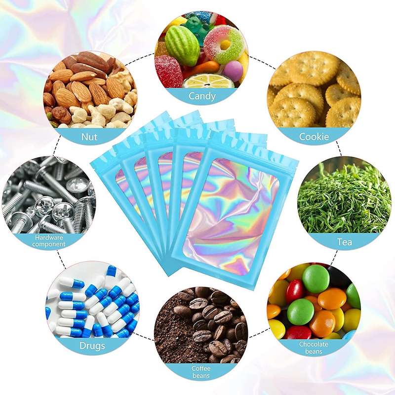100Pcs Resealable Holographic Bags, Smell Proof Mylar Pouch with Clear Window for Food Storage Part