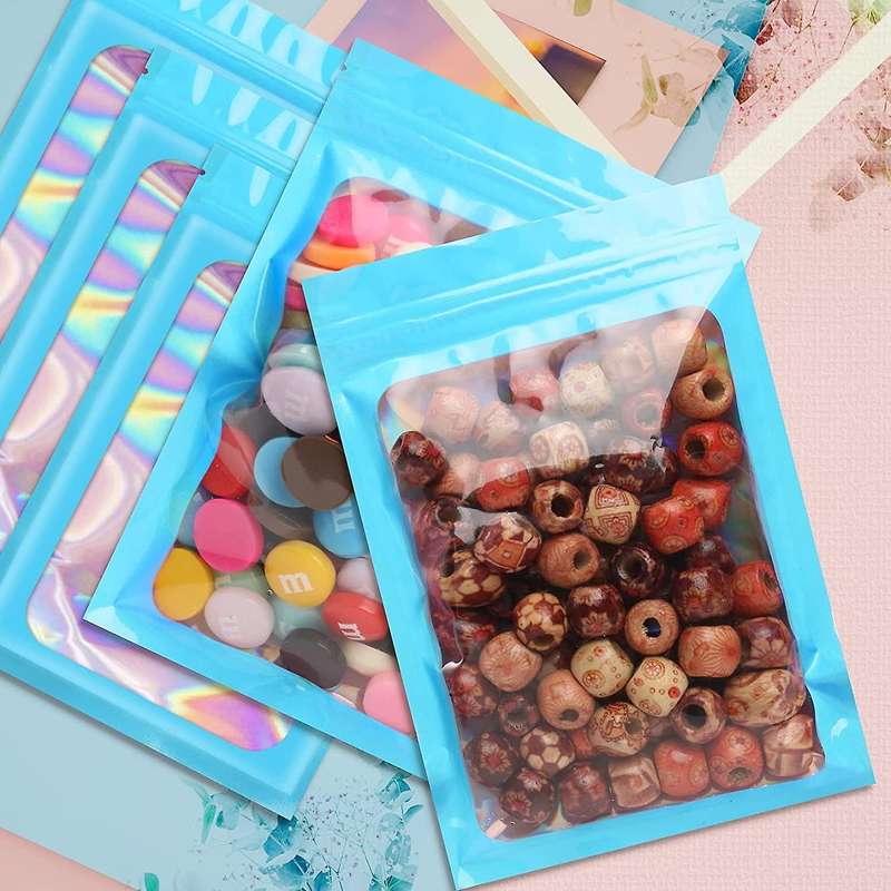 100Pcs Resealable Holographic Bags, Smell Proof Mylar Pouch with Clear Window for Food Storage Part