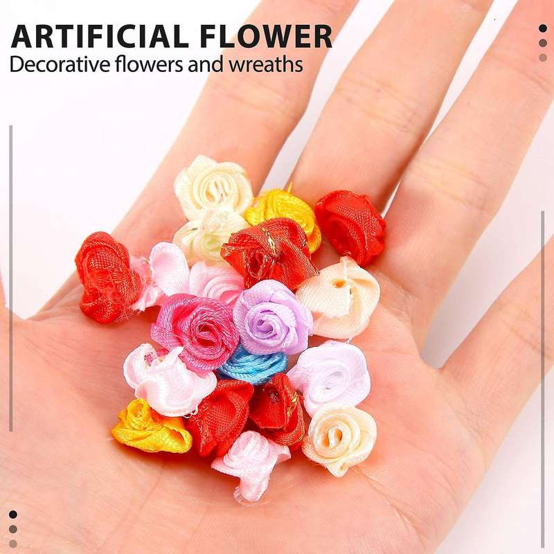 100PCS/Lot Mini Handmade Satin Rose Ribbon Fabric Flower Appliques