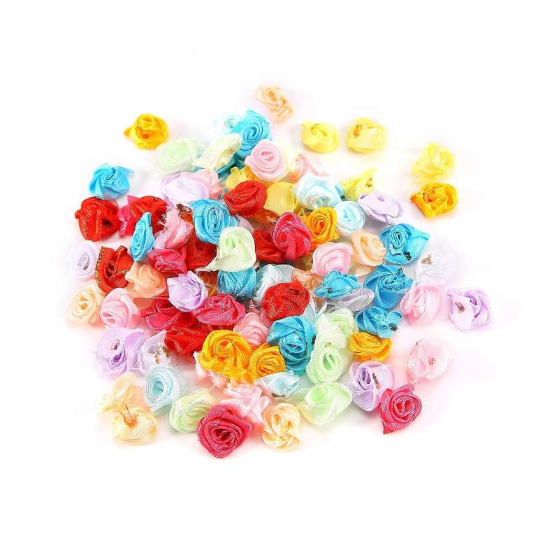 100PCS/Lot Mini Handmade Satin Rose Ribbon Rosettes Fabric Flower Appliques for Wedding Decoration