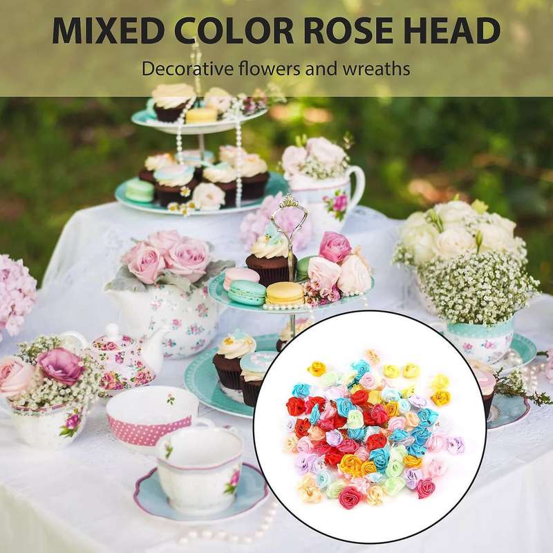 100PCS/Lot Mini Handmade Satin Rose Ribbon Rosettes Fabric Flower Appliques for Wedding Decoration