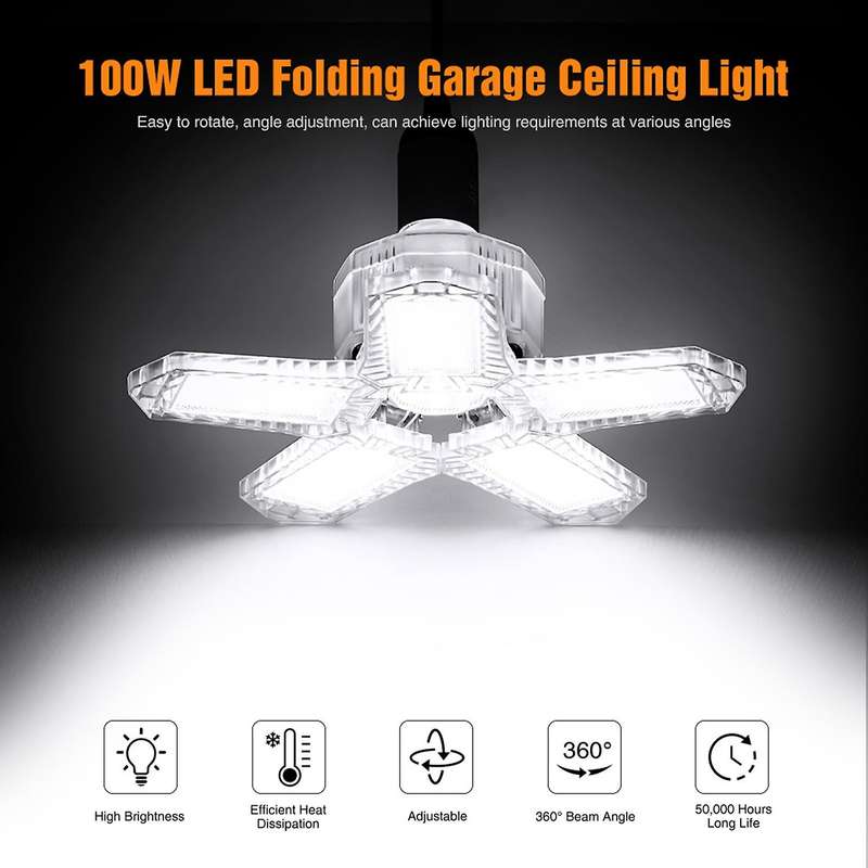 100W LED Five Leaf Garage Light Foldable Garage Ceiling Lamp 10000LM Deformation Basement Adjustable