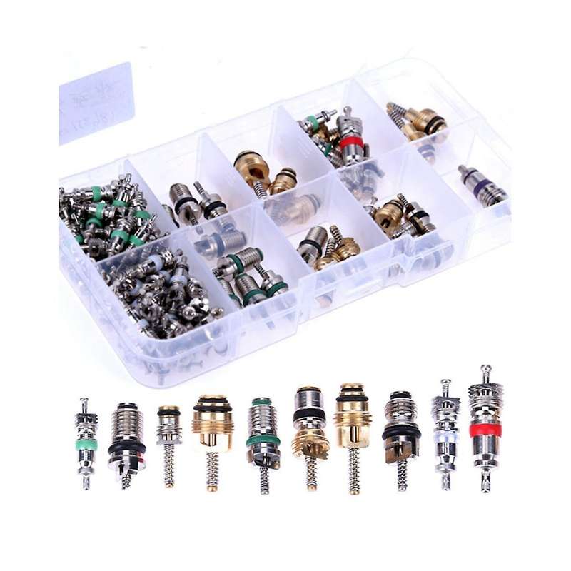 104Pcs Car Air Conditioner Valve Cores Assortment A/C AC Shrader Valve Core & Tool R134 R12 HVAC Val
