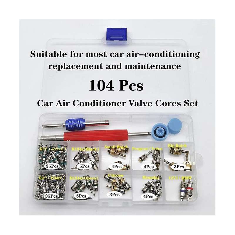 104Pcs Car Air Conditioner Valve Cores Assortment A/C AC Shrader Valve Core & Tool R134 R12 HVAC Val