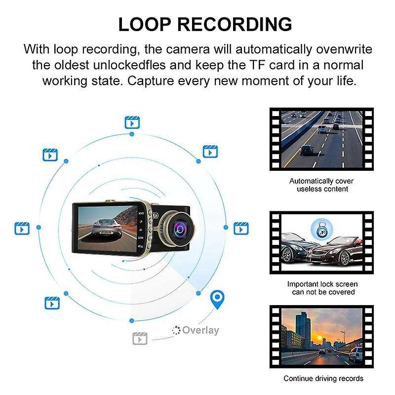 1080P Dash Cam 4 inch Driving Recorder LCD Screen Dual Cameras HD Impact Sensing