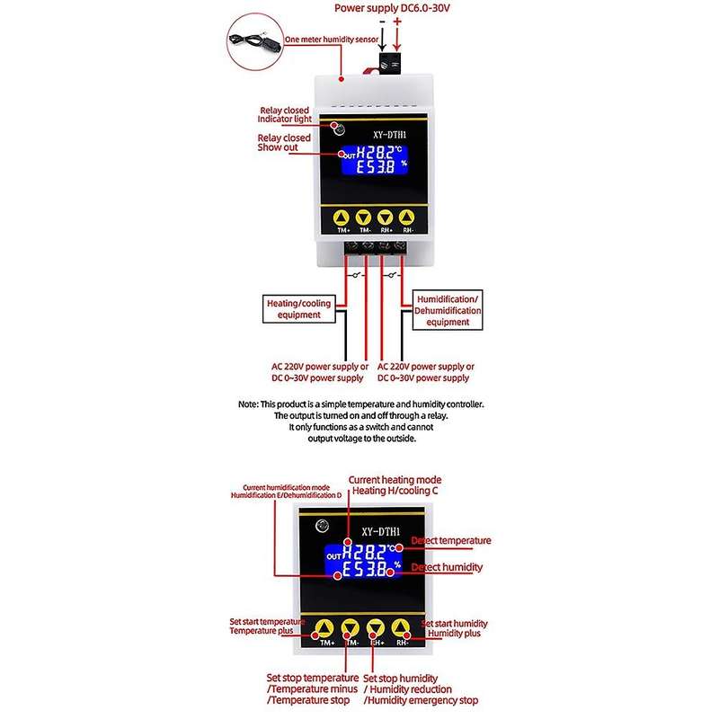 10A LCD Rail Digital Display Thermostat Temperature Humidity Controller with Sensor Dual Channel Re