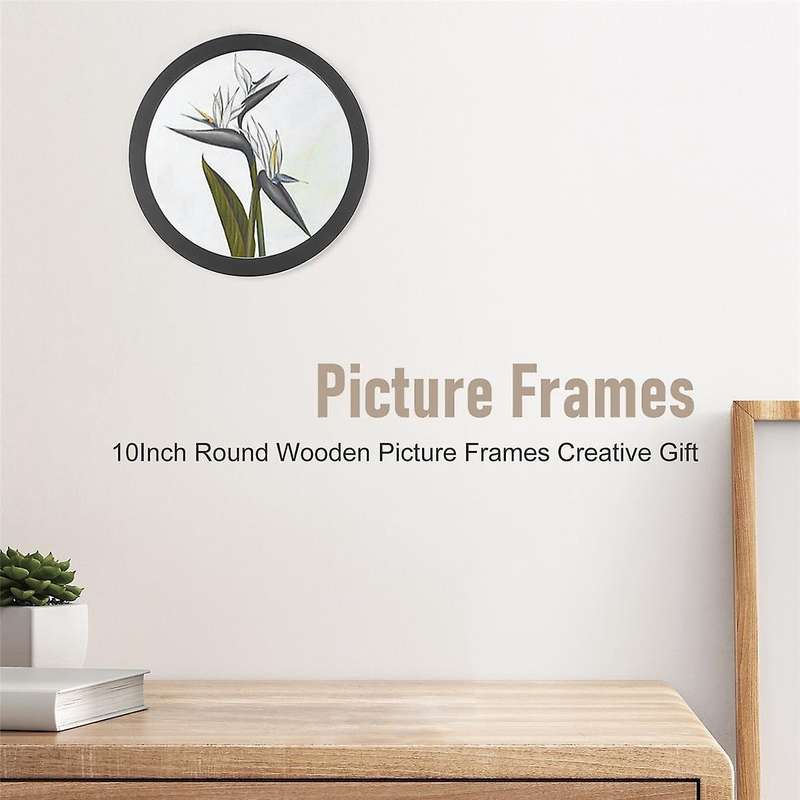 10Inch Round Wooden Picture Frames Gift DIY Wall Hanging Wood Picture Holder Home Decoration(Black)