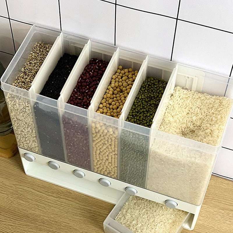 10KG Wall Mounted Divided Rice and Cereal Dispenser 6 Moisture Proof Plastic Automatic Racks Sealed