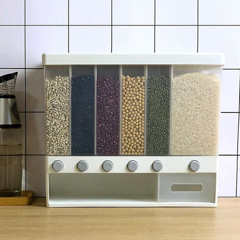 10KG Wall Mounted Divided Rice and Cereal Dispenser 6 Moisture Proof Plastic Automatic Racks Sealed