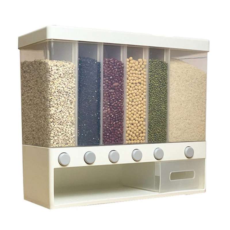 10KG Wall Mounted Divided Rice and Cereal Dispenser 6 Moisture Proof Plastic Automatic Racks Sealed