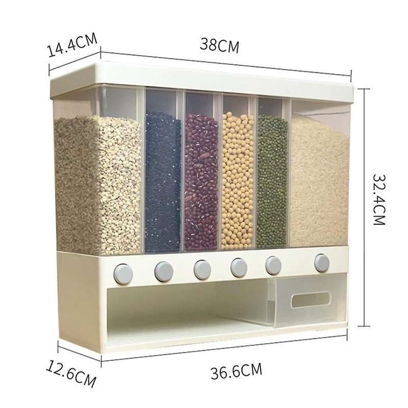 10KG Wall Mounted Divided Rice and Cereal Dispenser 6 Moisture Proof Plastic Automatic Racks Sealed
