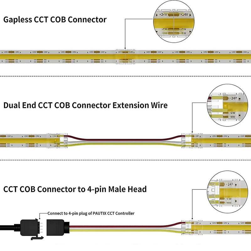 10mm Connectors for Cct Tunable Cob Led Strip Light 3 Pin