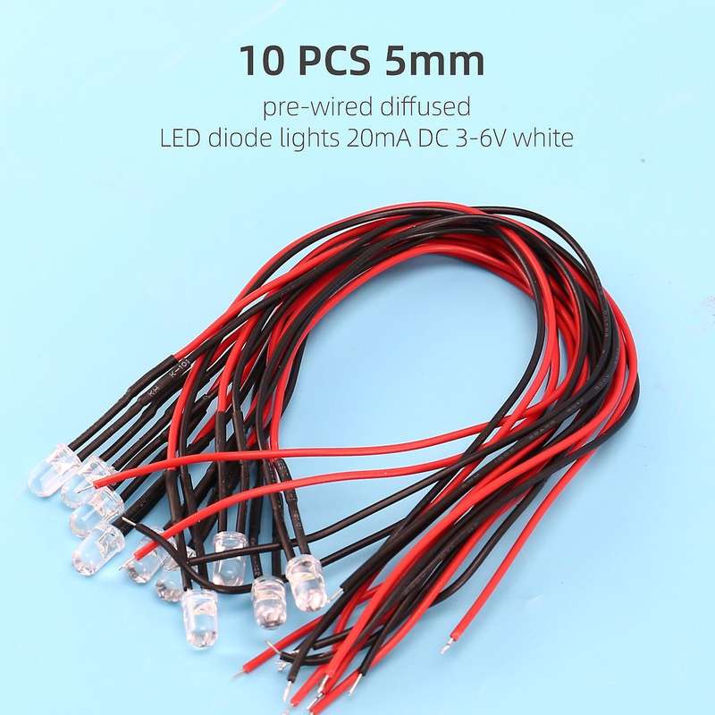 10Pcs 5mm Pre-Wired Diffused LED Diodes Light 20ma DC 3-6V White