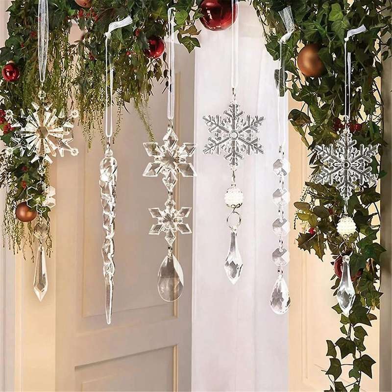 10Pcs Acrylic -Icicles Christmas Snowflake Pendants Xmas Tree Icicle Hanging Ornaments Christmas-Dec