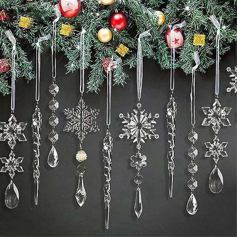 10Pcs Acrylic -Icicles Christmas Snowflake Pendants Xmas Tree Icicle Hanging Ornaments Christmas-Dec