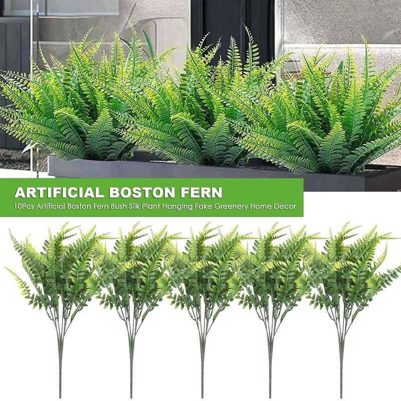 10pcs Artificial Boston Fern Bush Silk Plant Hanging Fake Greenery Home Decor