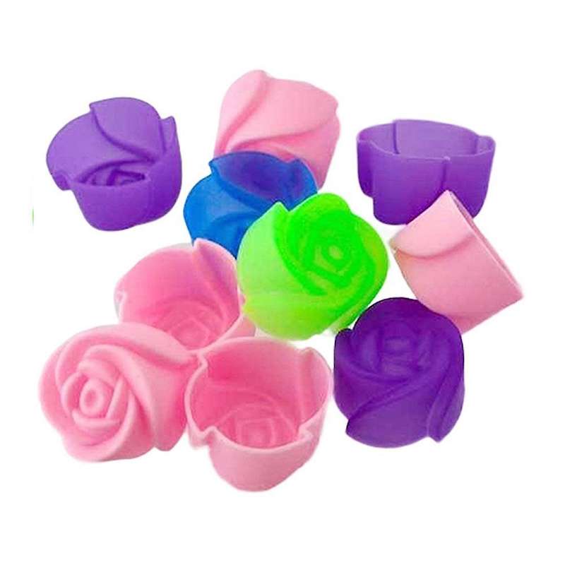 10pcs Cake Baking Mold Chocolate Jelly Maker Mould Silicone Rose Muffin Cookie Cup (Random Colors)