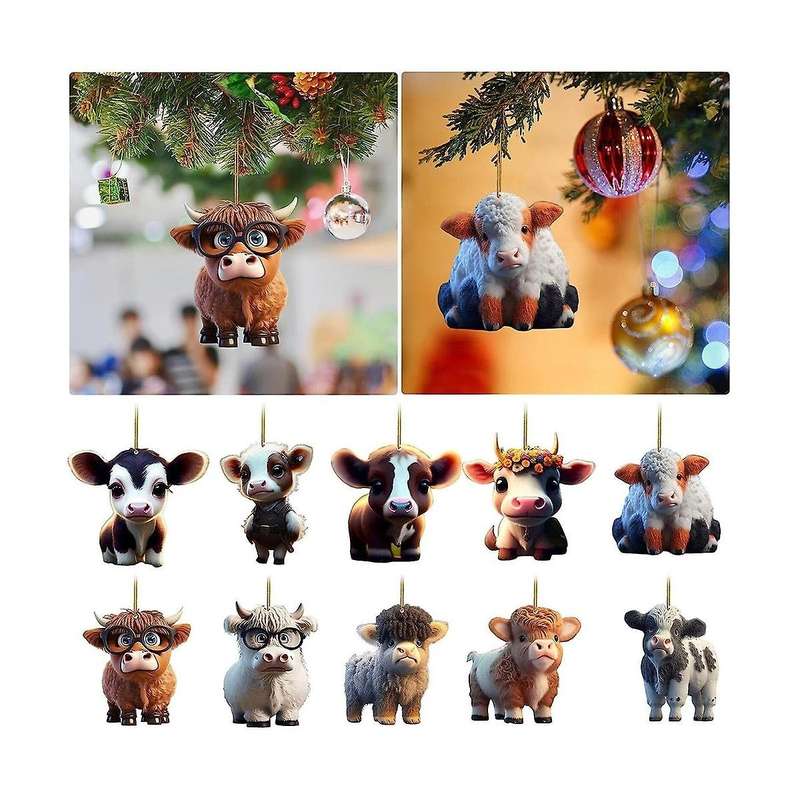 10pcs Cute Cartoon Cow Car Pendant Home Tree Decoration, Christmas Ornament, Home Decor