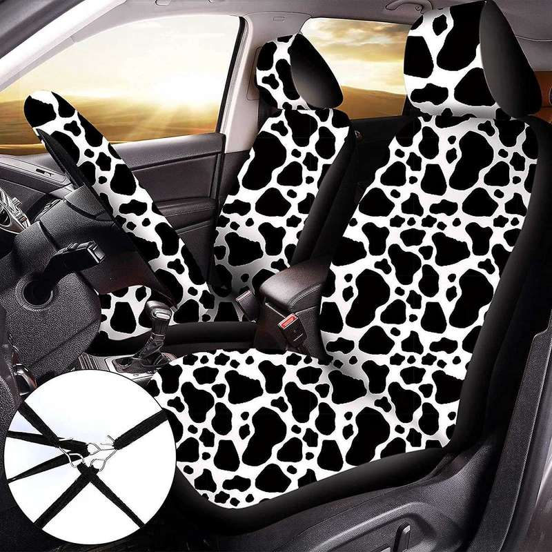 10PCS Cow Print Car Cover Kit, Car Steering Wheel Cover, Belt Pads, Car Floor Mats, Car Coasters, A