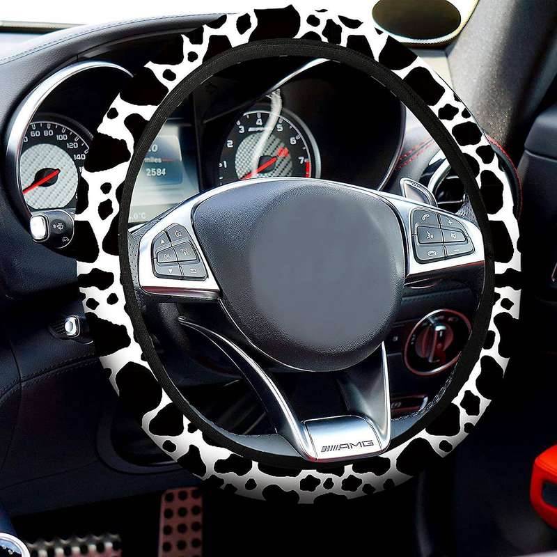 10PCS Cow Print Car Cover Kit, Car Steering Wheel Cover, Belt Pads, Car Floor Mats, Car Coasters, A