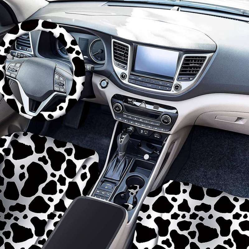 10PCS Cow Print Car Cover Kit, Car Steering Wheel Cover, Belt Pads, Car Floor Mats, Car Coasters, A
