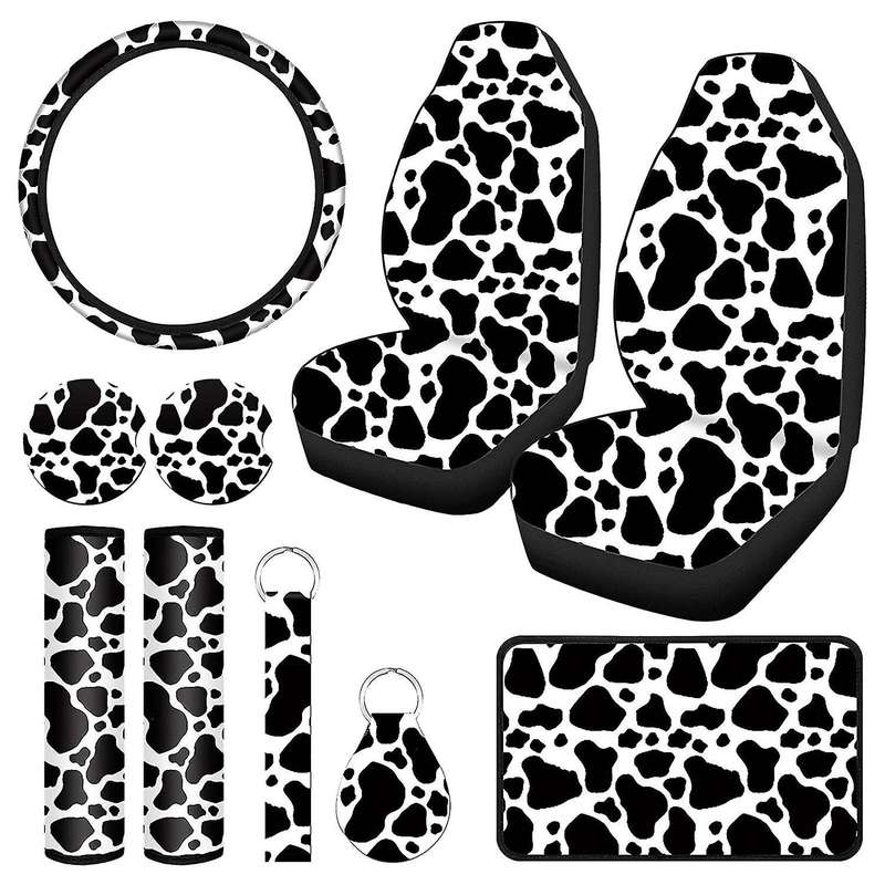 10PCS Cow Print Car Cover Kit, Car Steering Wheel Cover, Belt Pads, Car Floor Mats, Car Coasters, A