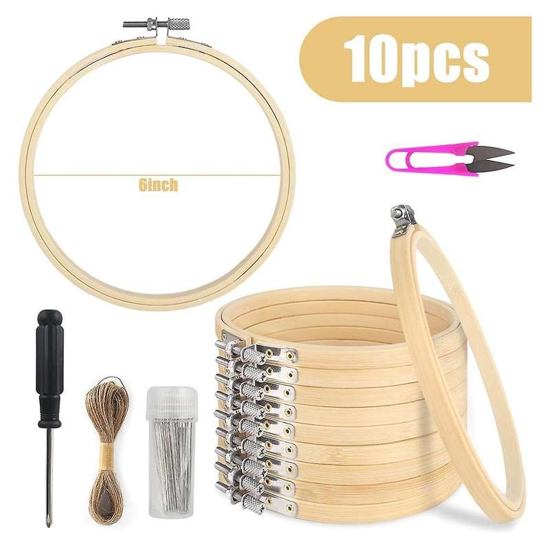 10PCS Embroidery Hoops, 6 Inch Adjustable Bamboo Circle Hoop Ring Bulk for Home Ornaments Craft