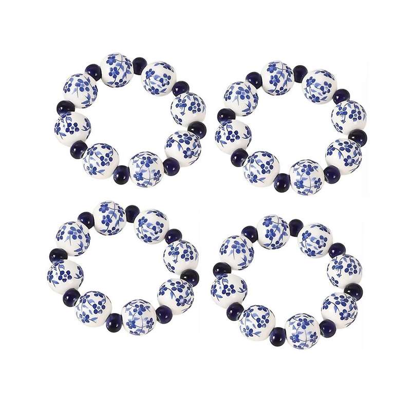 10PCS Ethnic Style Hand-Painted Blue White Beads Napkin Ring Home Table Decoration Napkin Buckle Han