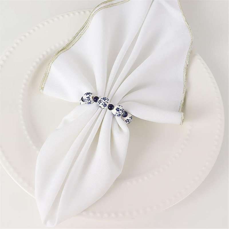 10PCS Ethnic Style Hand-Painted Blue White Beads Napkin Ring Home Table Decoration Napkin Buckle Han