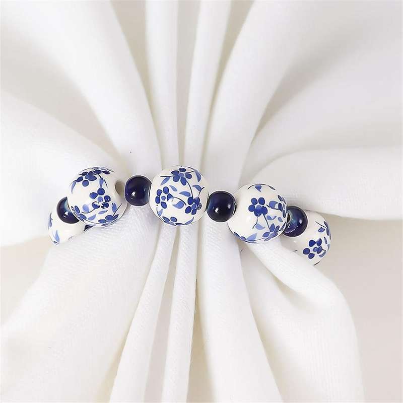 10PCS Ethnic Style Hand-Painted Blue White Beads Napkin Ring Home Table Decoration Napkin Buckle Han