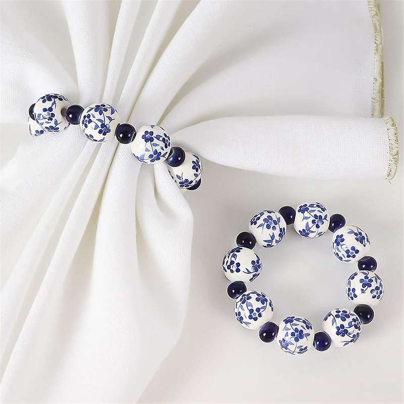 10PCS Ethnic Style Hand-Painted Blue White Beads Napkin Ring Home Table Decoration Napkin Buckle Han