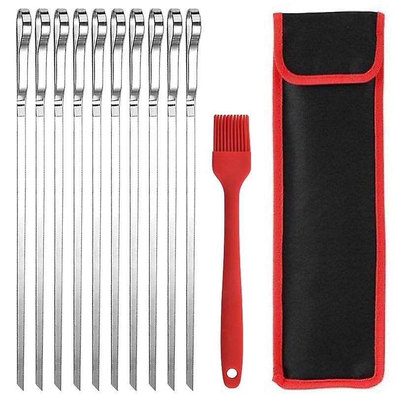 10Pcs Grill Skewers with Bag and Oil Brush,43cm Flat Stainless Steel Grill Skewers,for Outdoor and G
