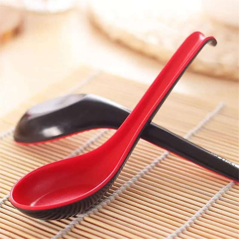 10pcs Red and Black Asian Soup Spoon with Hook-chinese Style Spoon, Perfect for Rice Pho Ramen Noodl