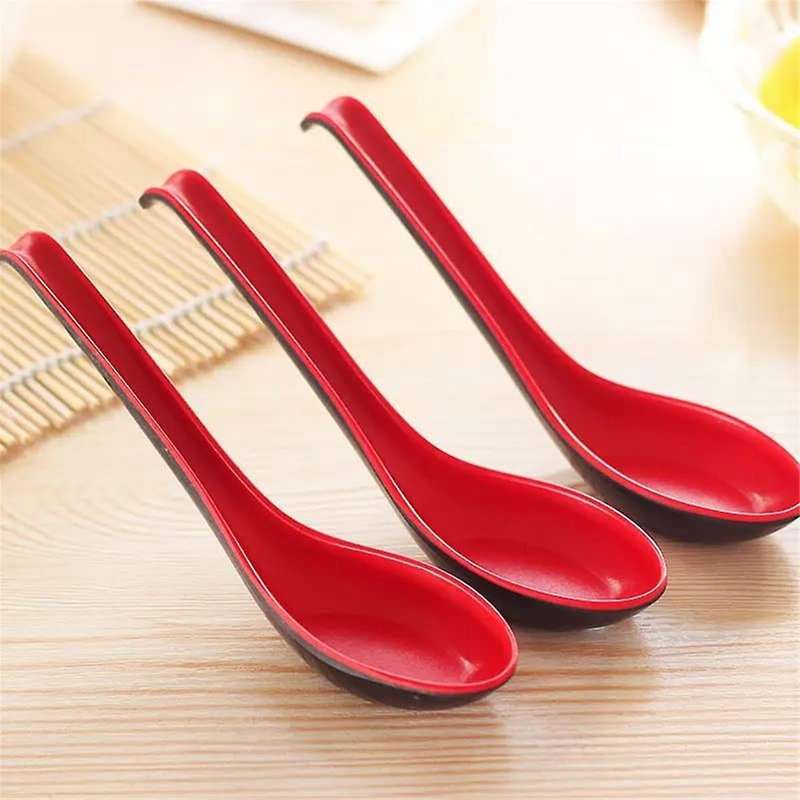 10pcs Red and Black Asian Soup Spoon with Hook-chinese Style Spoon, Perfect for Rice Pho Ramen Noodl