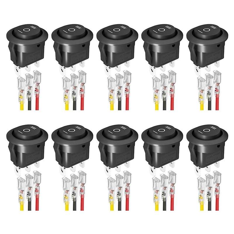 10PCS Round KCD1 Rocker Switch 12V 3 Pin 3 Position on Off on DC Circle Toggle Switch with Wires for