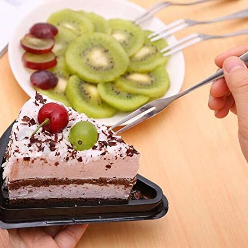 10Pcs Stainless Steel Reusable Fruit Fork Cake Dessert Salad Flatware Fork Two-Tine Fork Set Kitchen