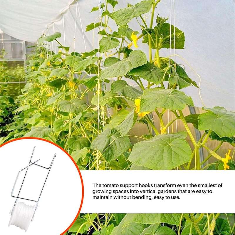 10Pcs Tomato Support Hooks, Tomato Trellis Roller Hooks with 15M Vine Support String Rope Plant Roll