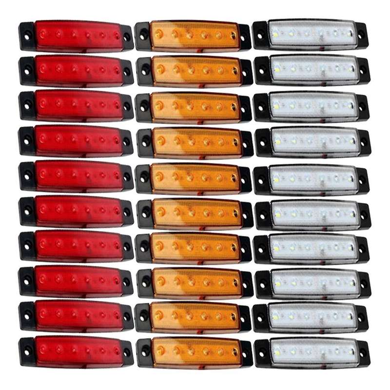 10X Amber + 10X Red + 10X White 12V 6 LED Side Marker Indicator Lights Car Truck Trailer