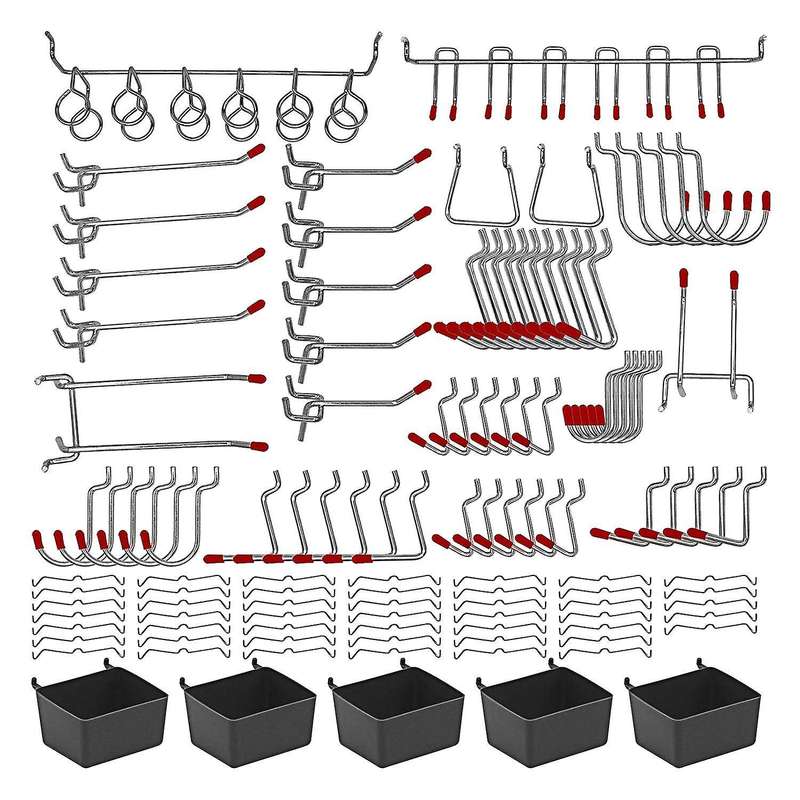 114 Pcs Hooks Assortment with Metal Hooks Sets, Bins, Peg Locks for Organizing Storage System Tools