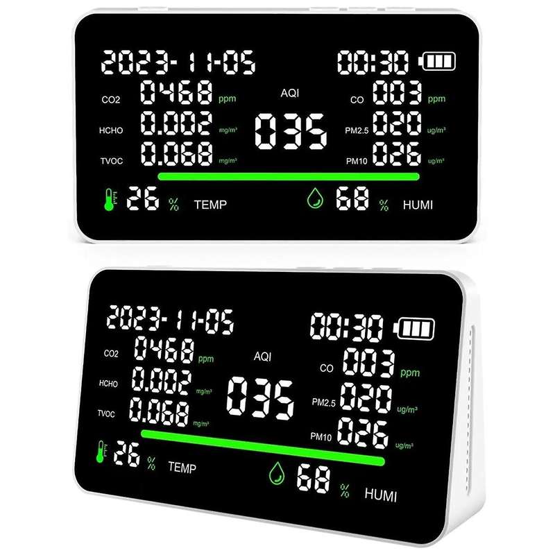 11In1 Air Quality Monitor,Indoor CO2/VOC//PM2.5/Thermometer/Humidity Monitor,Portable Smart Carbon M