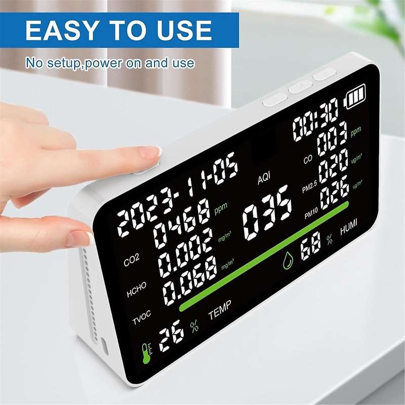 11In1 Air Quality Monitor,Indoor CO2/VOC//PM2.5/Thermometer/Humidity Monitor,Portable Smart Carbon M