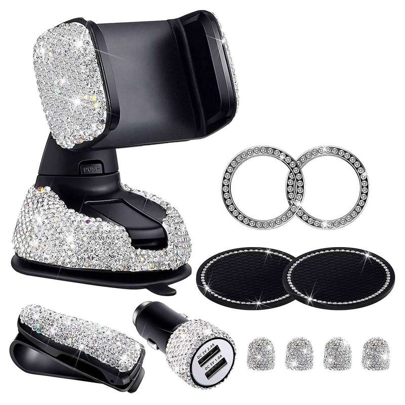 11PCS Car Phone Mount Bling Crystal Phone Holder Tire Valve Stem Caps Car Headrest Collars Rings Dua