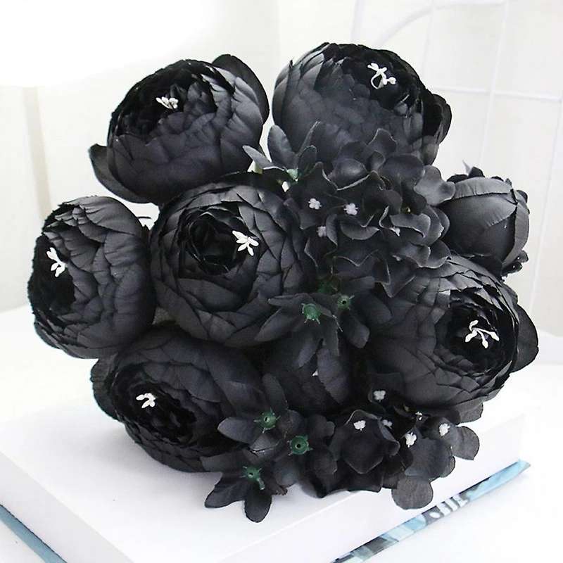 12 Heads Black Peony Hydrangea Rose Artificial Flower Bouquet Home Decor DIY Wedding Flower Wall Mat